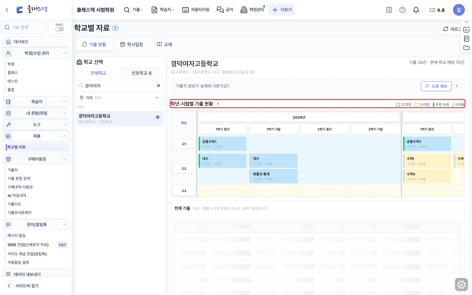 경덕여고 기출 모아 보기 — 학교별 자료 한눈에 화면